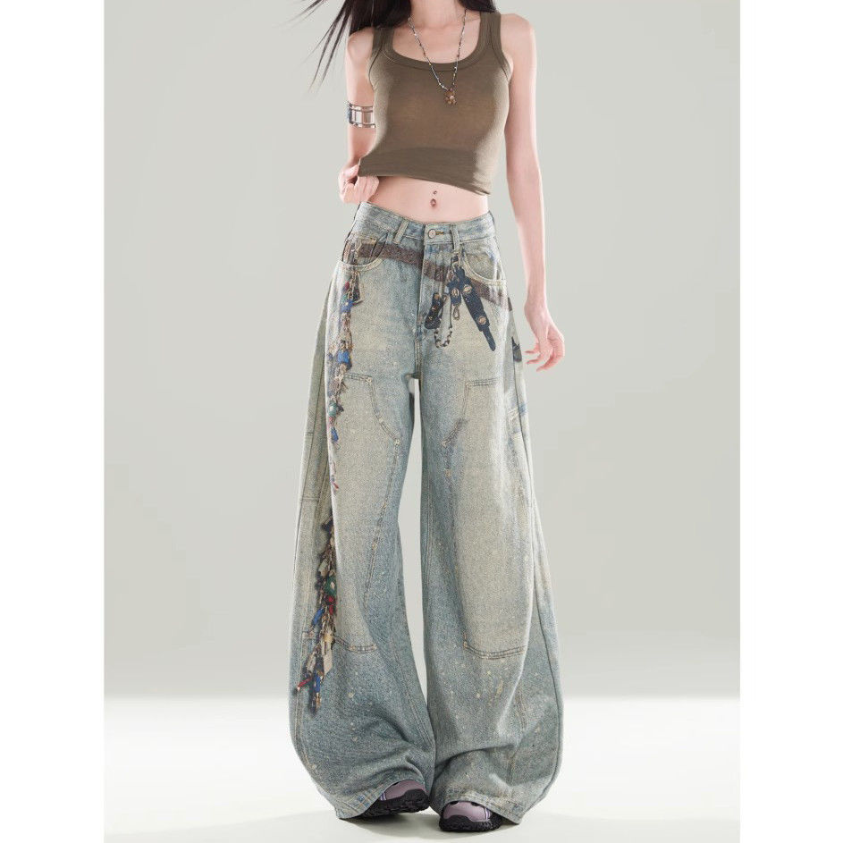 美式复古高腰印花阔腿牛仔裤女设计感宽松直筒显瘦垂感拖地长裤潮