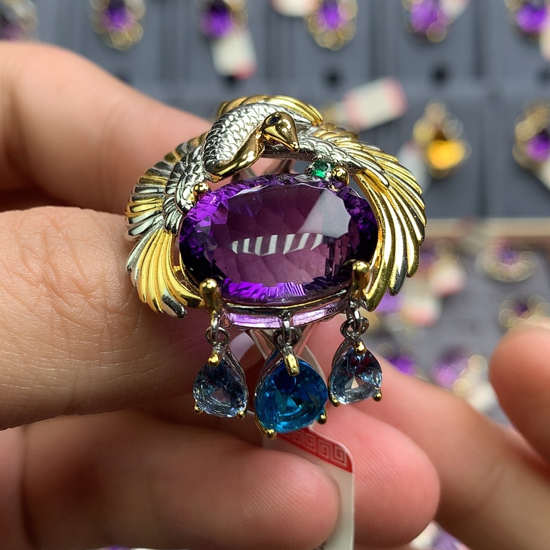 戒指银S925镀金镶嵌水晶