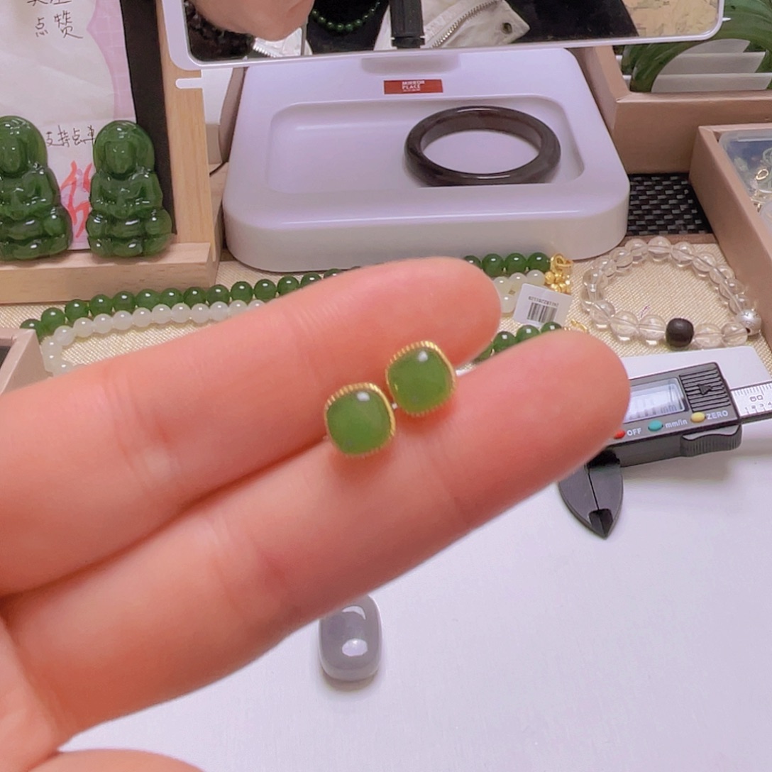 和田玉耳饰银S925镀金镶嵌