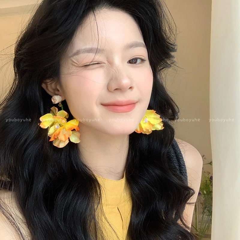 合金布艺耳饰 彩色干枯玫瑰花朵耳环2025新款耳钉夸张耳饰气质