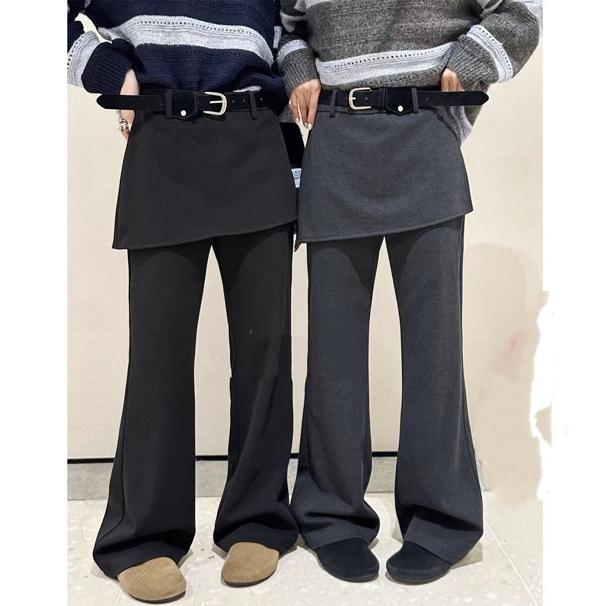 259966#设计感假两件屁帘微喇拉绒裤高腰显瘦休闲长裤