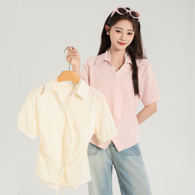 慕兔法式甜美蕾丝拼接V领短袖衬衫女2025夏季新款插腰不规则上衣