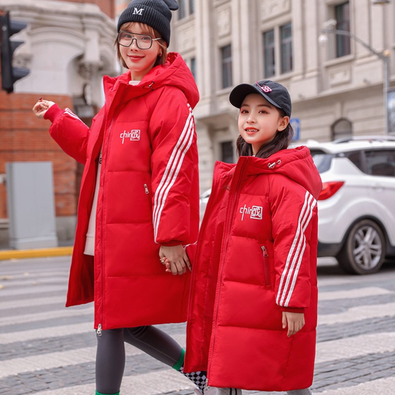 巴拉开门红女童羽绒服中长款中大童2026新款儿童羽绒服洋气亲子装