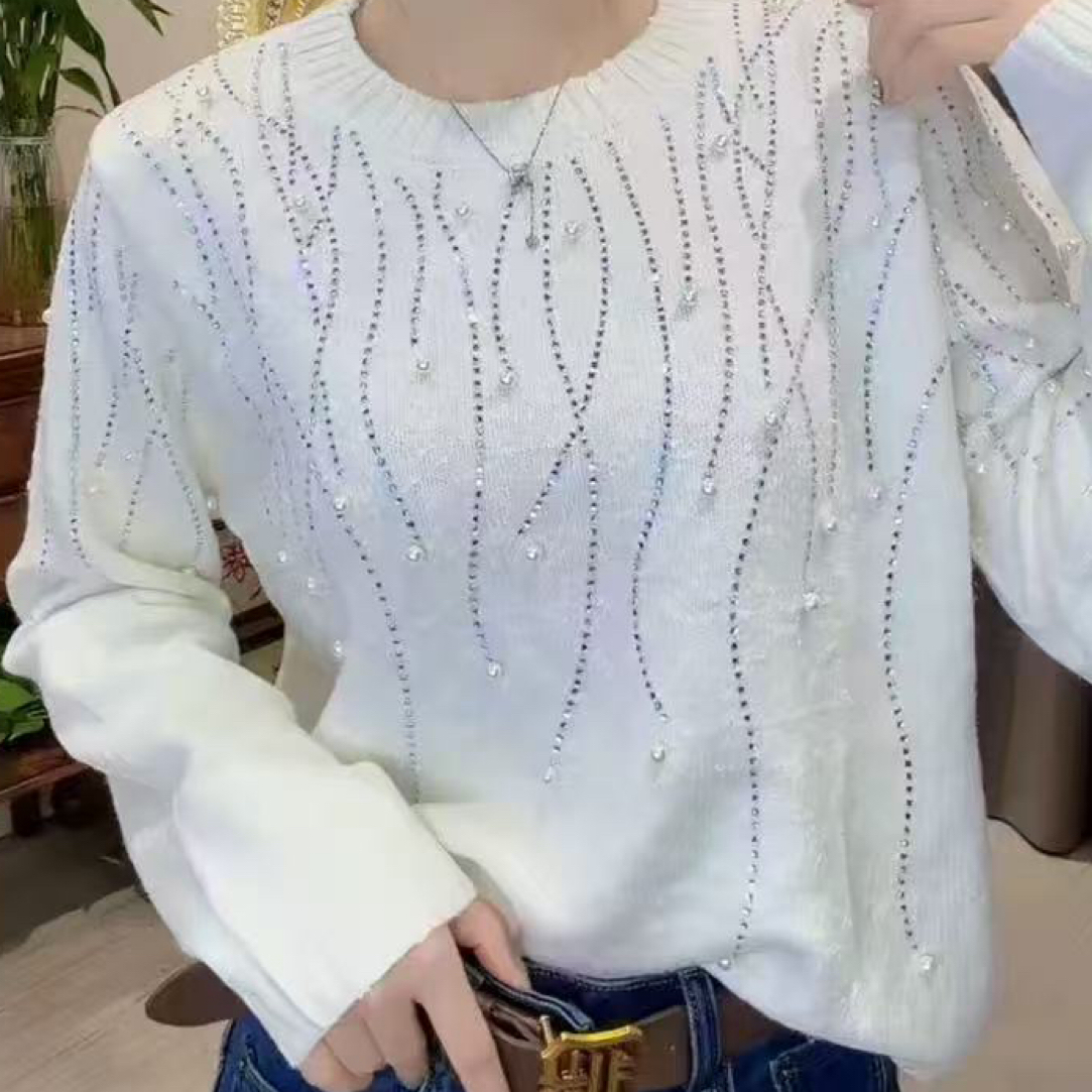 重工珍珠烫钻圆领针织衫气质显瘦百搭软糯毛衣