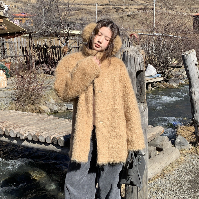 THESE DAY/冬季保暖气质款卡其毛毛外套/粉色针织套装（No退No换）