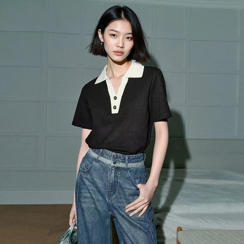 柜上2&19！自带气质，别致POLO领/正肩撞色条纹百搭短袖T恤女L42972