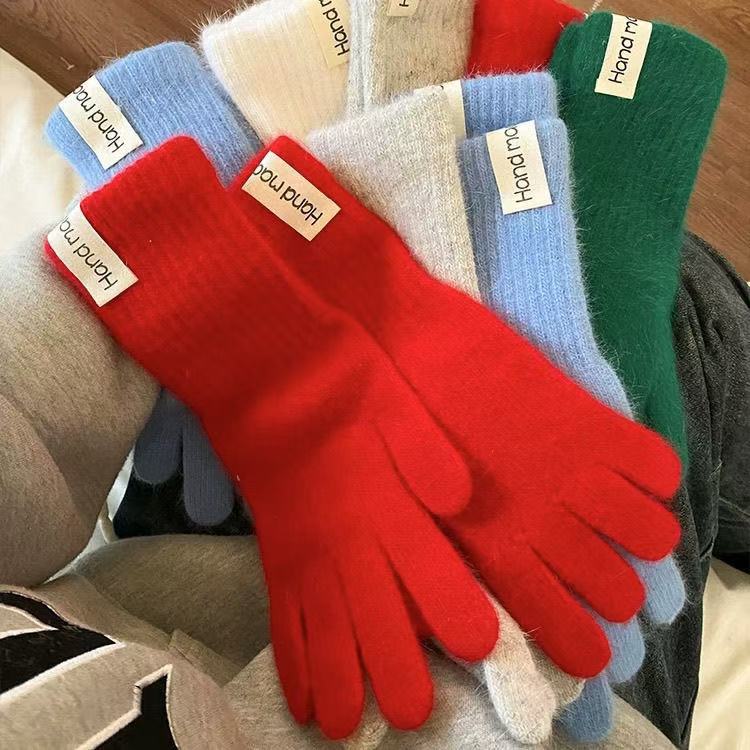 ins糖果色长款兔毛手套冬季女韩版针织纯色加厚保暖