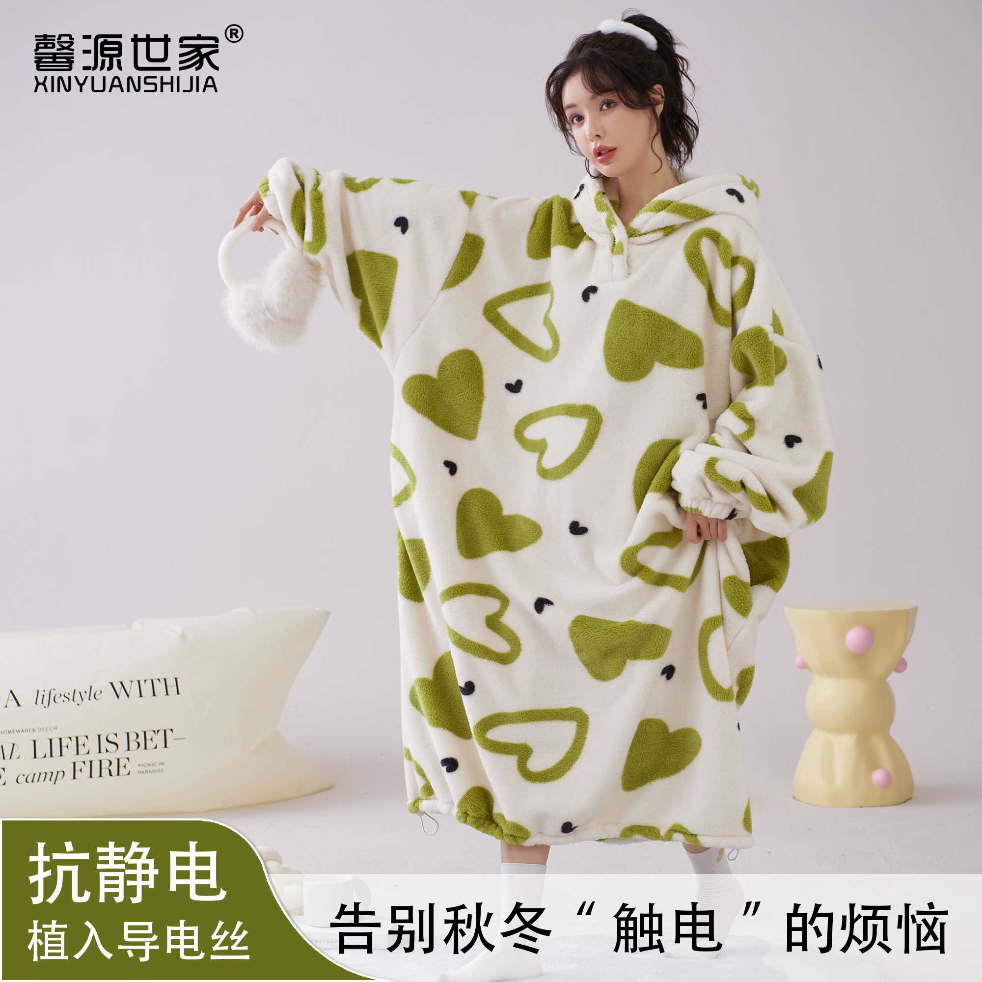 秋冬加绒加厚连帽睡衣裙大睡袍闺蜜款情侣款宽松睡袍女冬加厚加绒