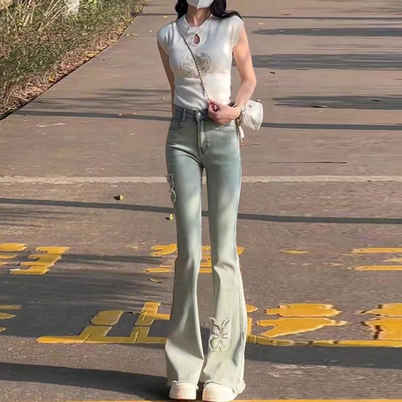 浅色复古蝴蝶喇叭牛仔裤薄款夏季女2024高腰显瘦辣妹毛边微喇裤子