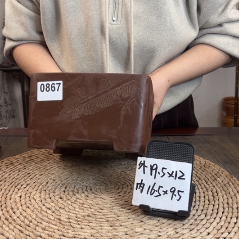 紫砂花盆孤品紫玉金砂芭蕉刻绘正方0867