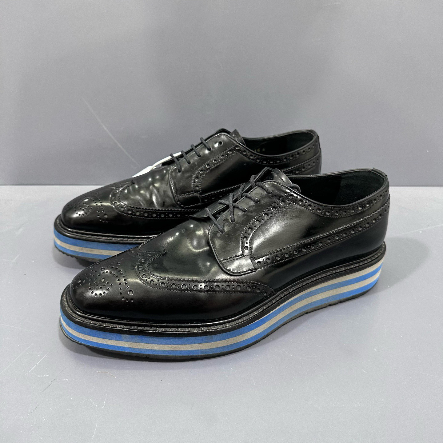 95新 Prada/普拉达 40码 prada普拉达 黑蓝皮鞋 休闲鞋 25.5