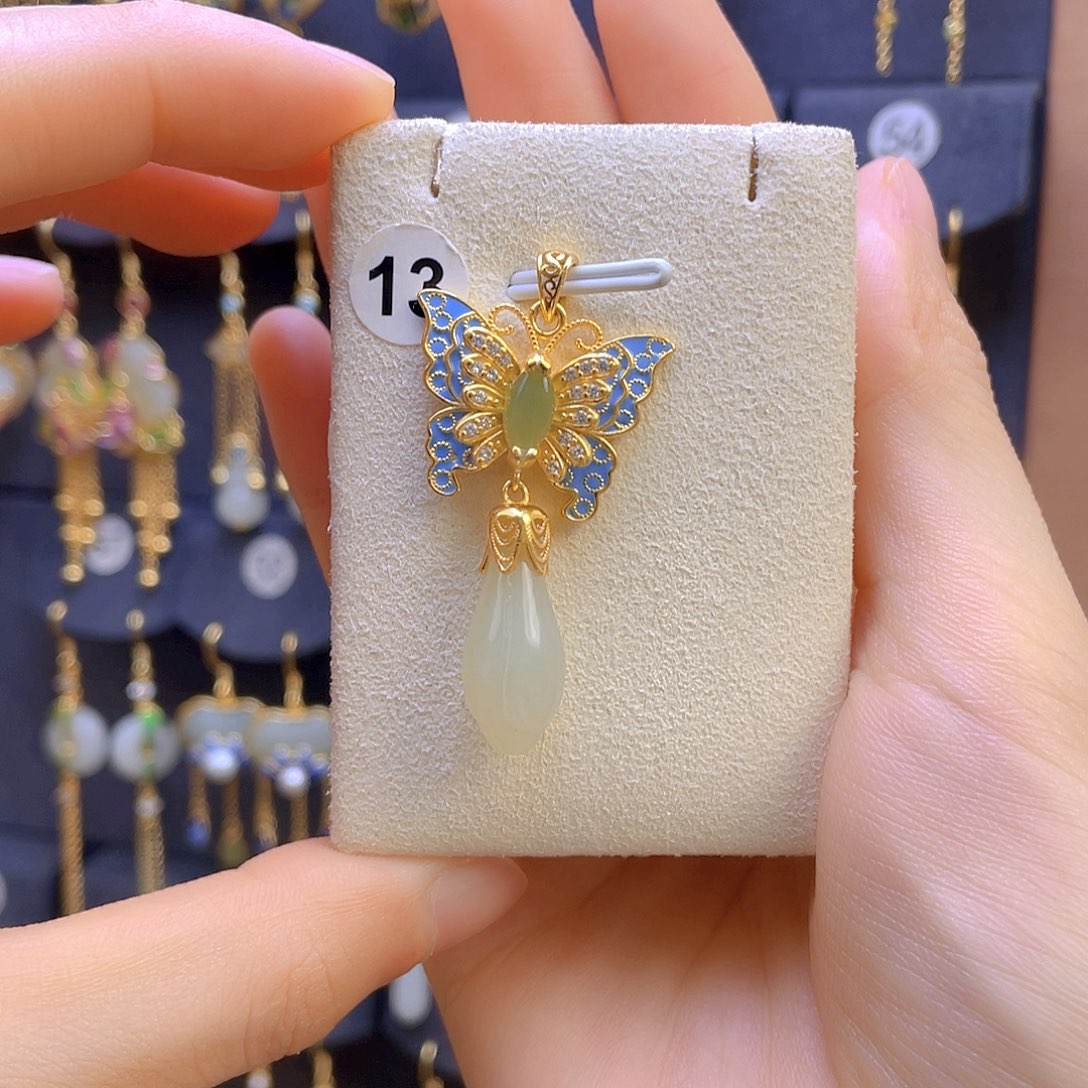 和田玉颈饰银S925镀金镶嵌