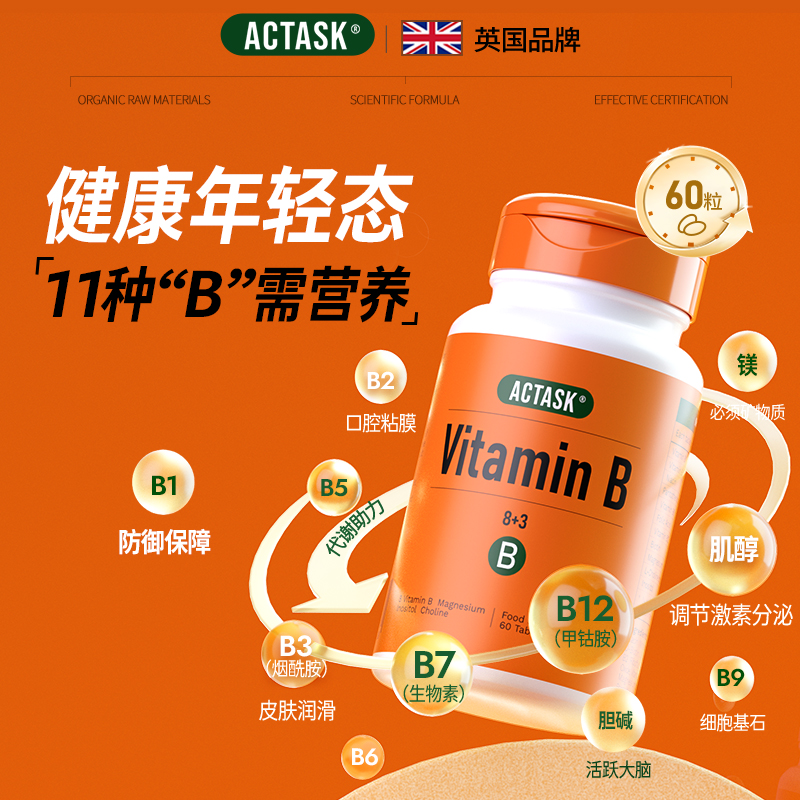【11种维生素B族 】Actask减压复合维生素Bvb1-9+镁甲钴烟酰胺叶酸