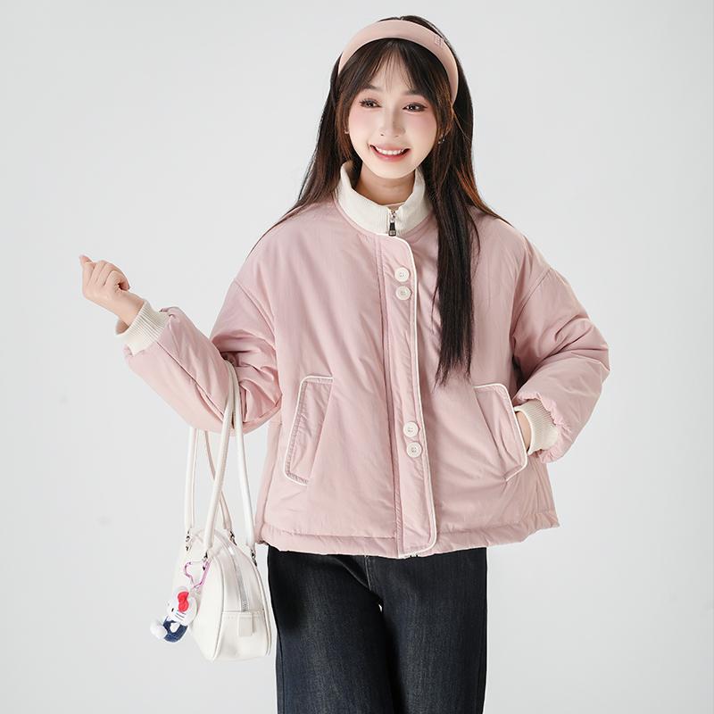 甜美粉色立领面包服外套女2024冬季新款休闲加厚保暖棉衣棉服
