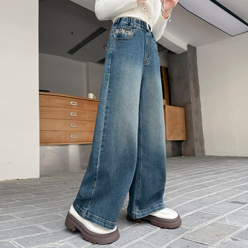 儿童裤子女童牛仔裤春秋款2025新款秋季中大童女孩直筒阔腿裤秋装