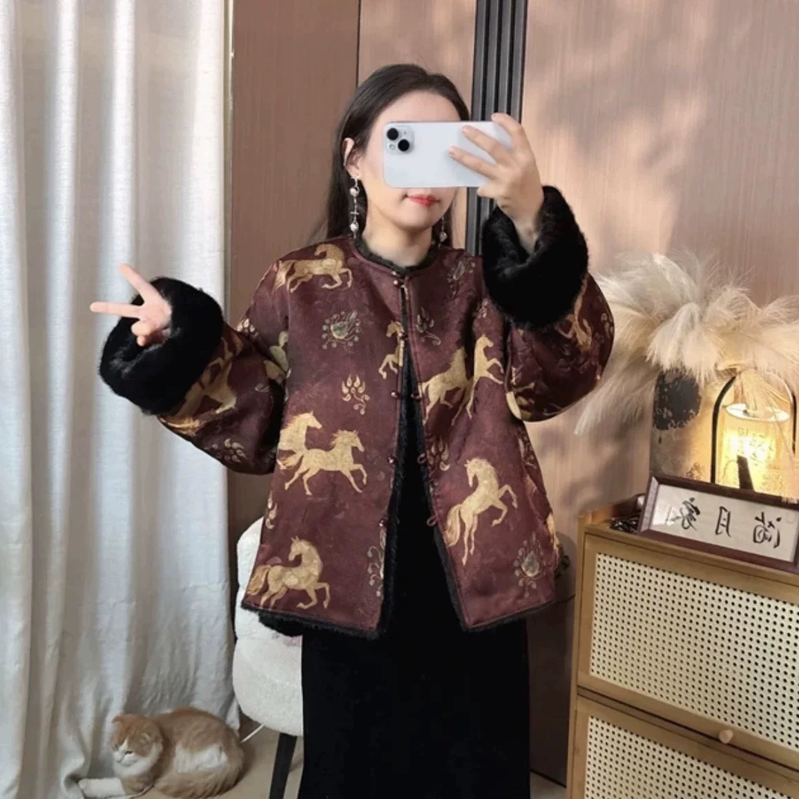 双面双穿女装轻奢冬季上衣新中式国风提花拼接毛毛复古外套
