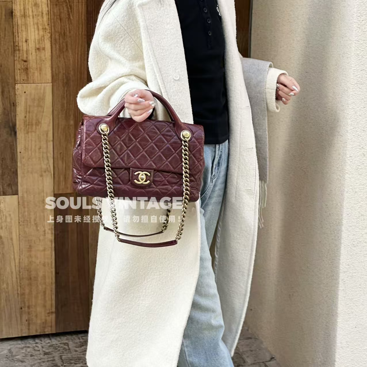 95新 Chanel/香奈儿 酒红金 牛皮 2way手柄孟买 底长30/620854699