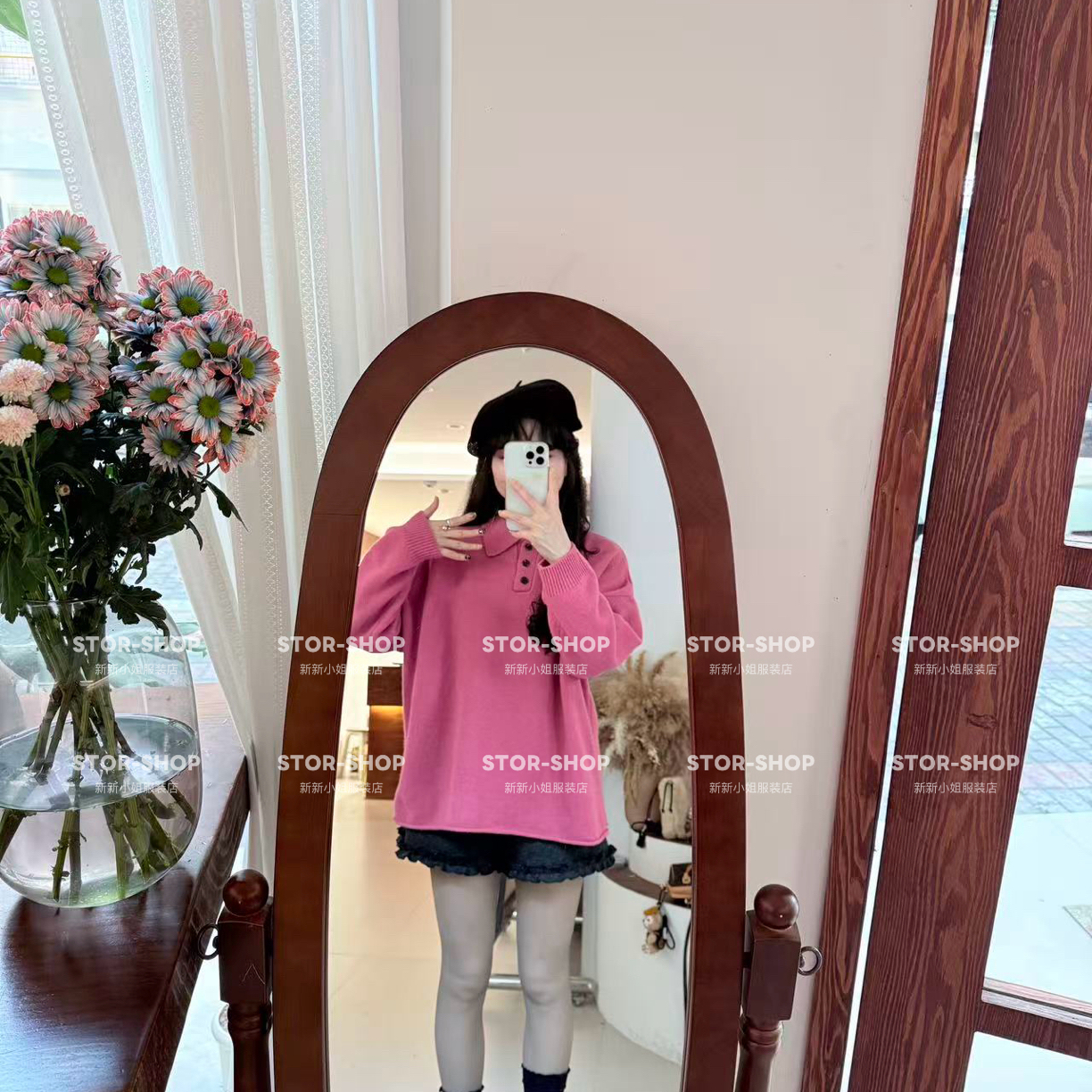 ｛美洋洋｝冬 翻领 单粒扣 侧标开叉 宽松 针织毛衣