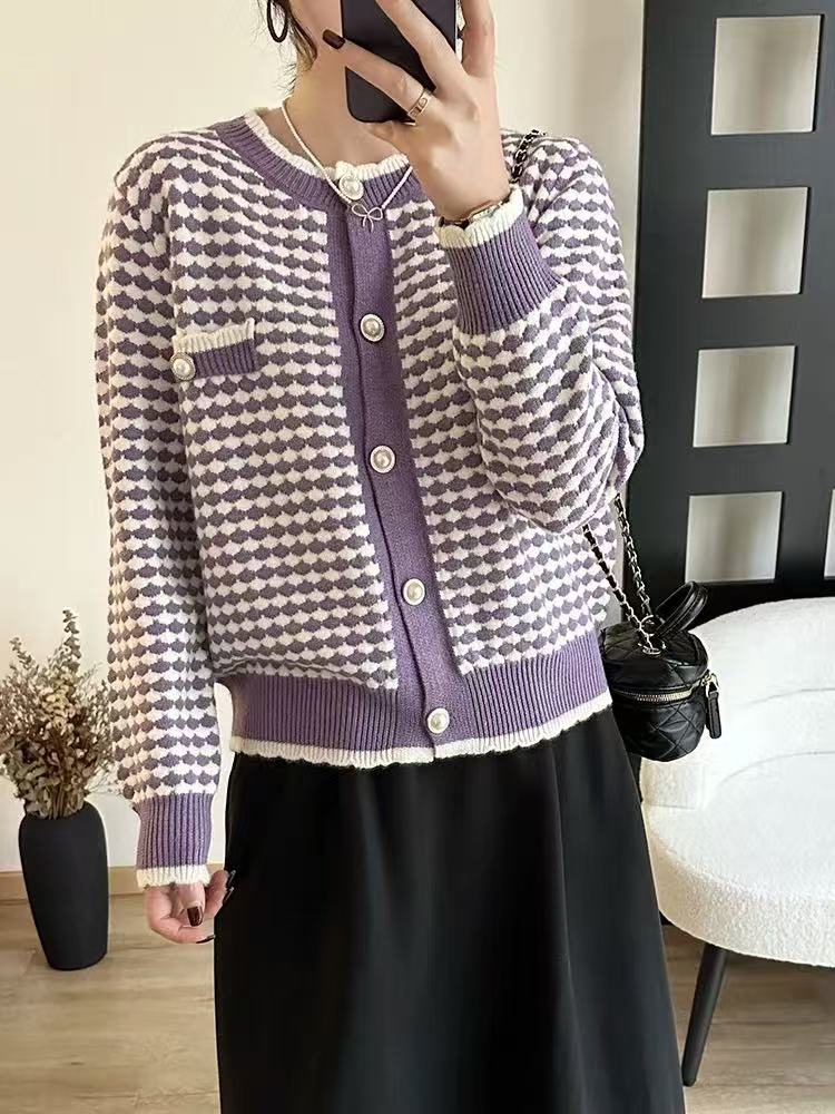 1053【紫  千鸟格】高级感气质针织女毛衣