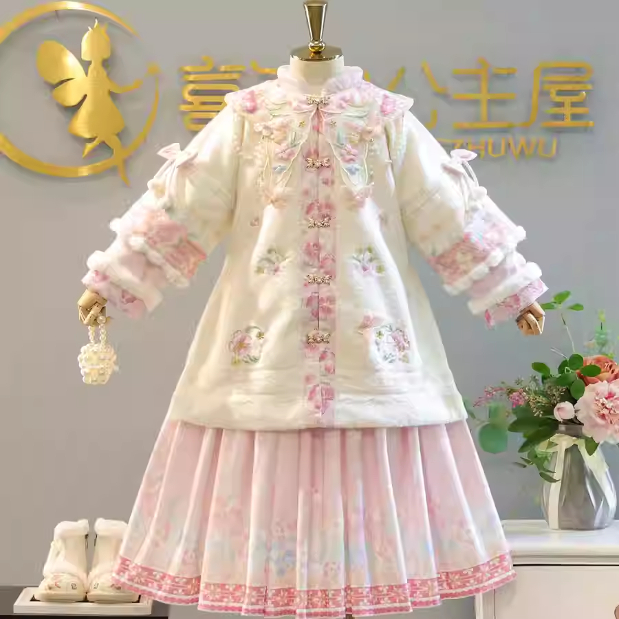 2025女童秋冬季明制原创加厚汉服唐装套装儿童新中式刺绣国潮年服