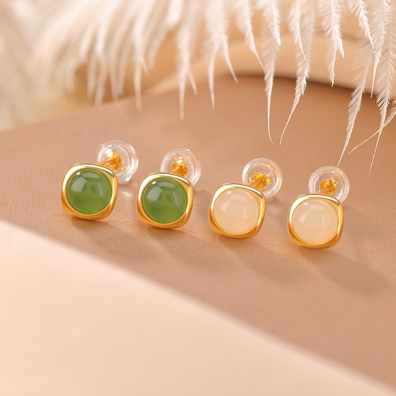 S925纯银镀金和田玉碧玉白玉时尚简约几何方形圆珠耳钉耳饰