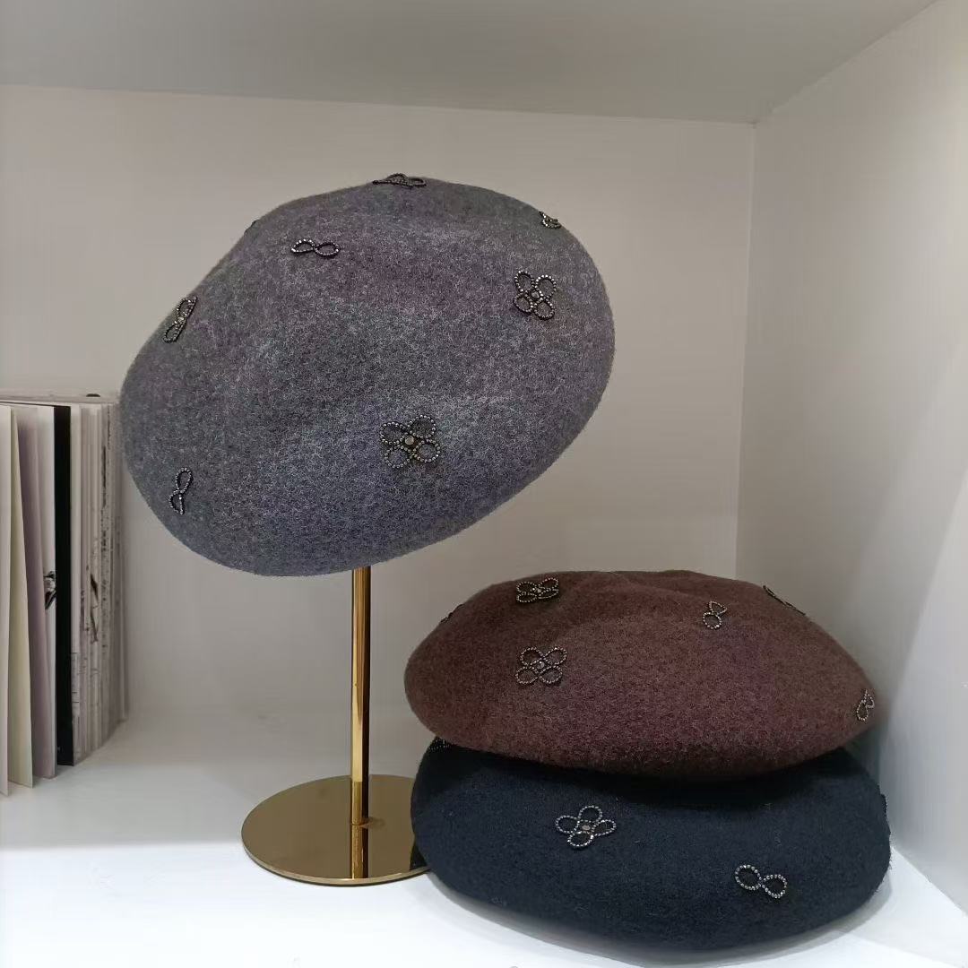 水晶四叶草~复古蝴蝶结羊毛呢贝雷帽凹造型画家帽秋冬保暖蓓蕾帽