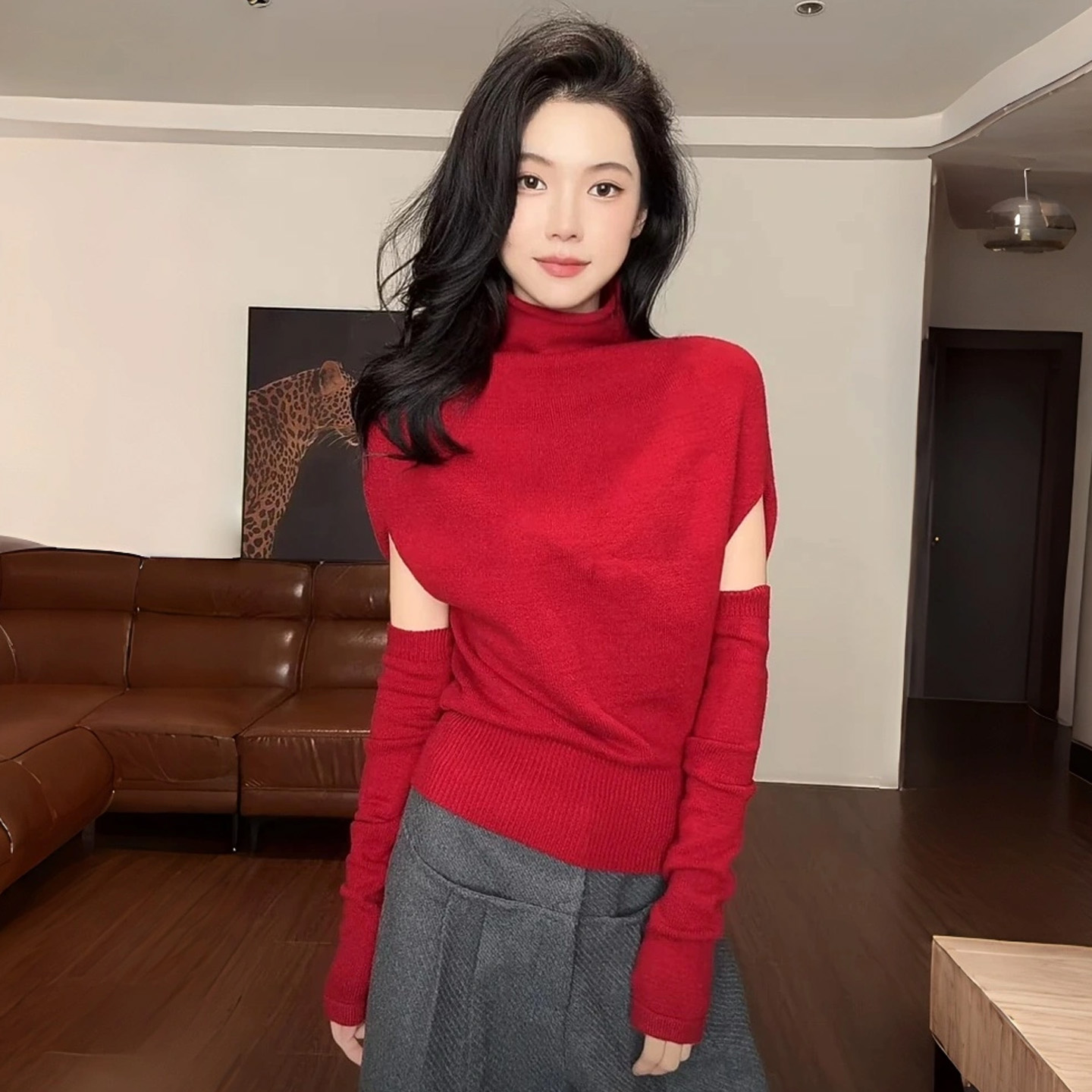 法式气质红色打底针织衫女款2025秋冬新款修身显瘦镂空半高领上衣