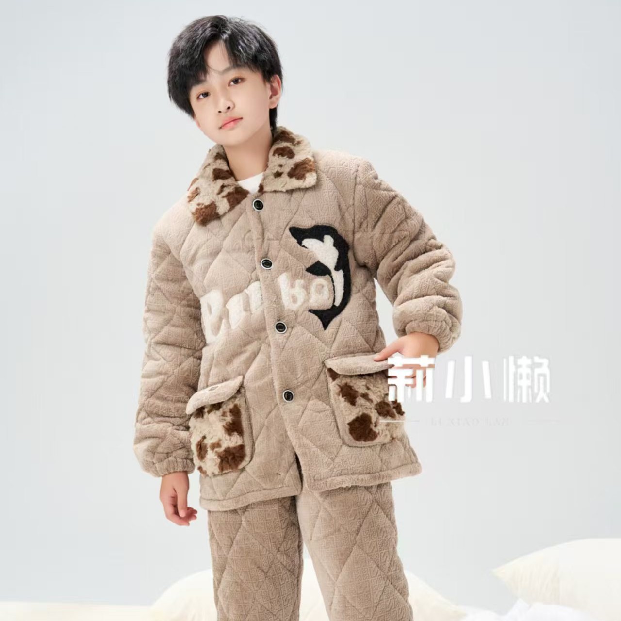 冬季男童睡衣三层夹棉珊瑚绒加厚保暖卡通连帽家居服套装冬款