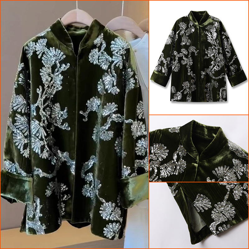 2025春季新款新中式缎面盘扣国风气质提花绿色棉服 M3016