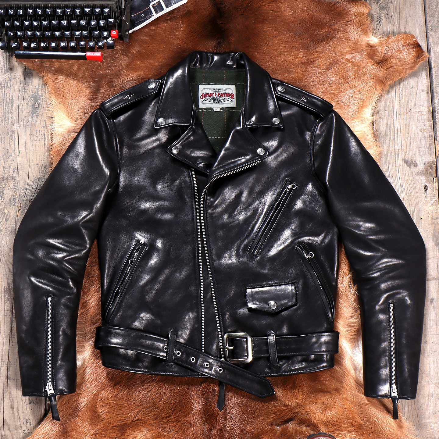 重水洗无涂植鞣小牛皮马龙白兰度613斜拉机车夹克男士真皮皮衣