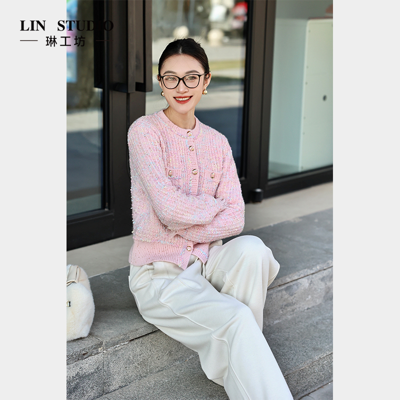 【双旦福利款】【山羊绒】琳工坊“锦言”淡粉针织开衫气质小香风唐琳