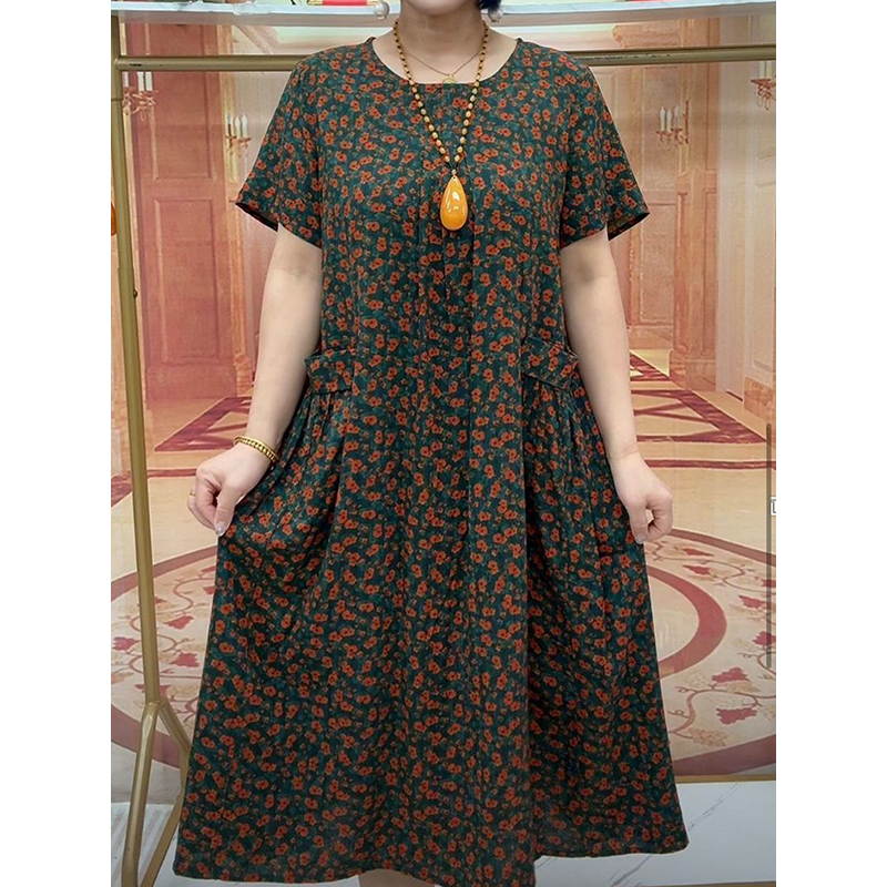 大码短袖连衣裙连衣裙夏季休闲风圆领裙子大码中老年新款中长裙女