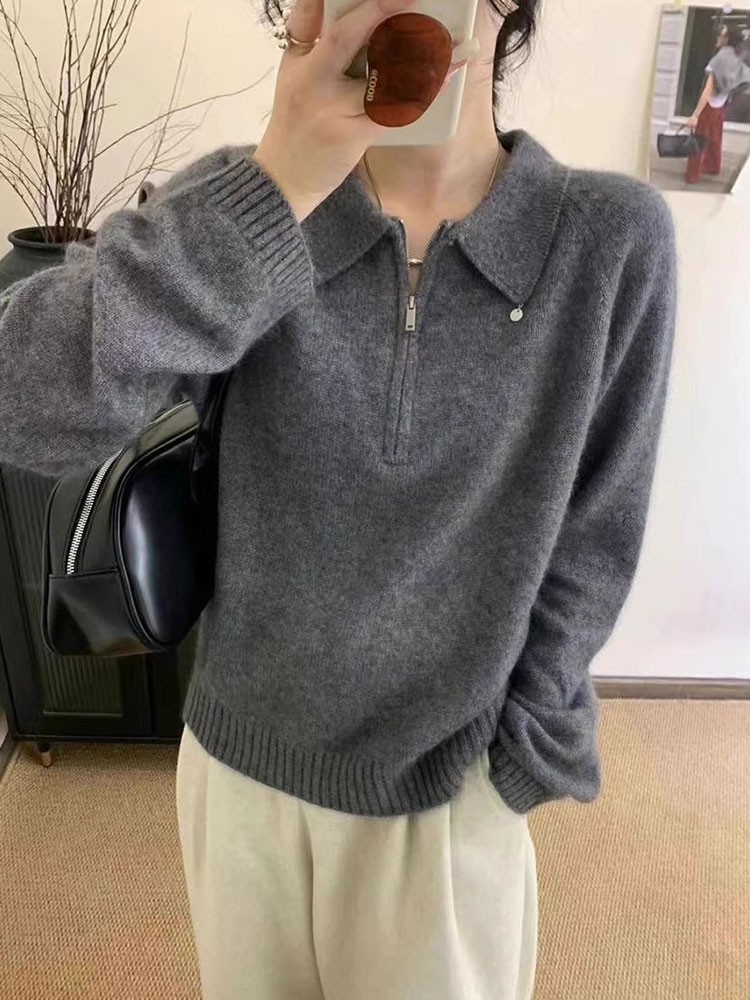 慵懒风半拉链套头针织衫女2025秋冬季新款polo领翻领毛衣