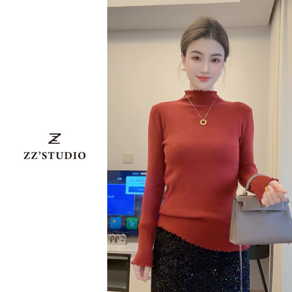 郑郑定制#秋冬新款半高领木耳边修身遮肉显瘦时尚百搭针织衫女065