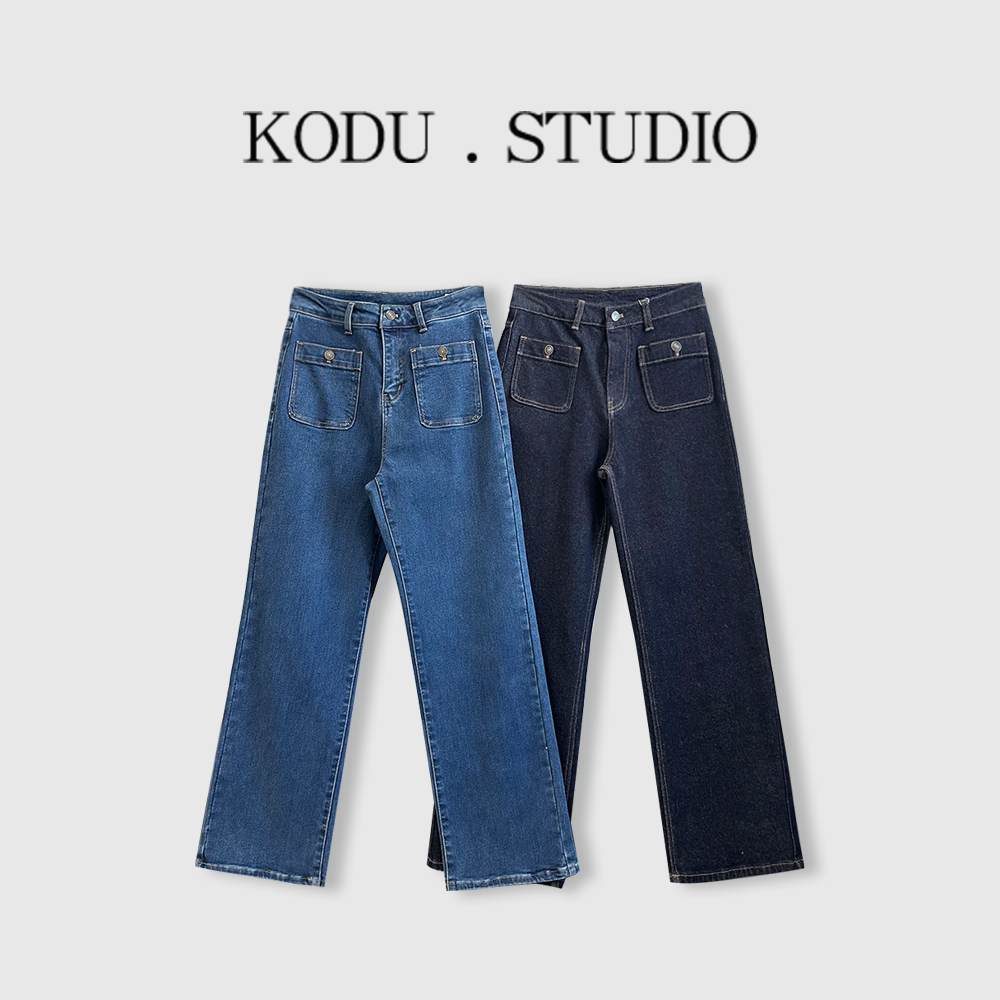I【刻度KODU】LY-5944秋季复古风高腰黄明线小方口袋加绒直筒牛仔裤