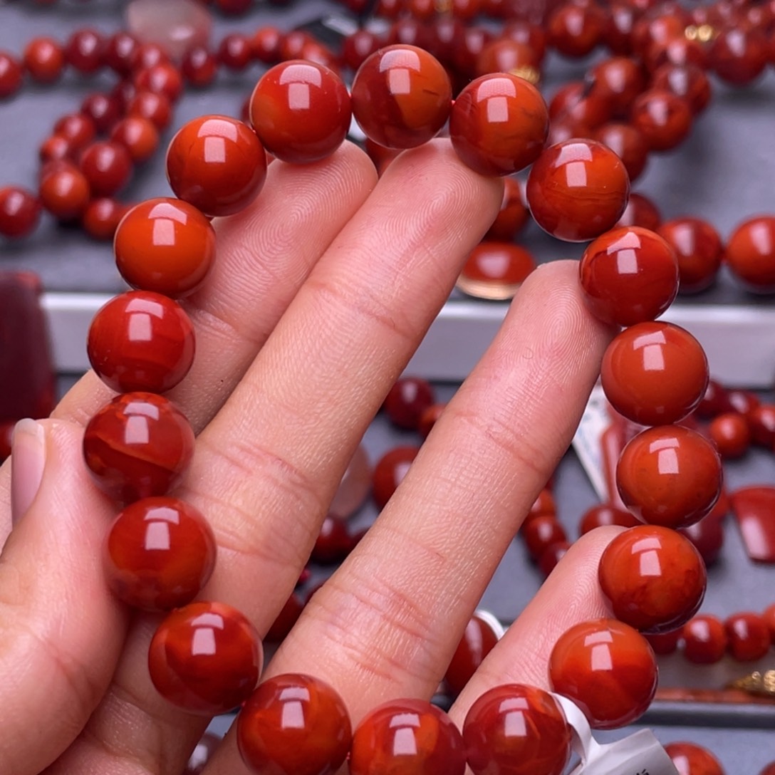 南红玛瑙未镶嵌其他天然原矿）高品11mm瓦西玫锦双色圆珠手串
