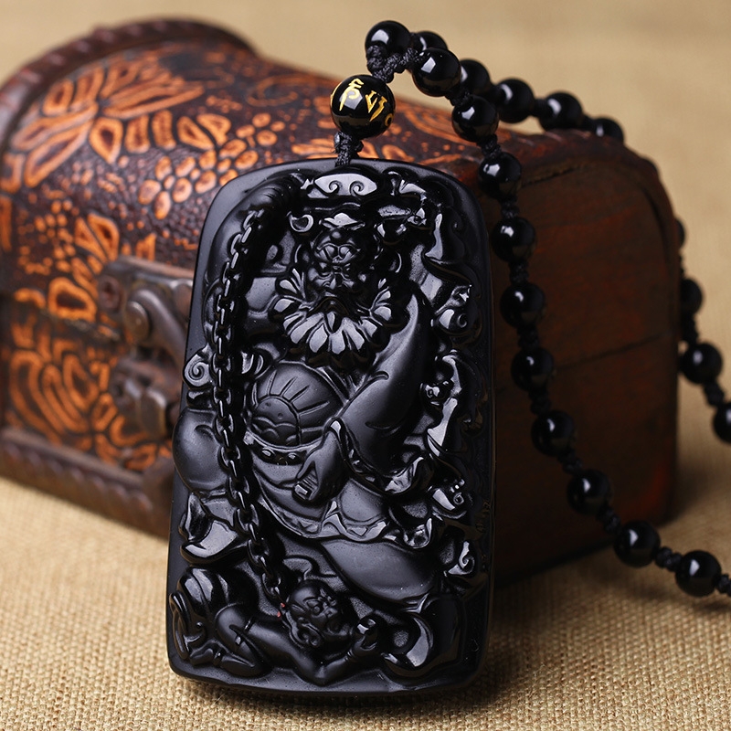 天然黑曜石精雕钟馗吊坠男款霸气钟馗项链挂坠大号饰品