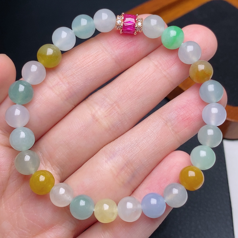 缅甸天然翡翠a货冰种多宝马卡龙圆珠手链卡7.5mm糖果色彩色女款