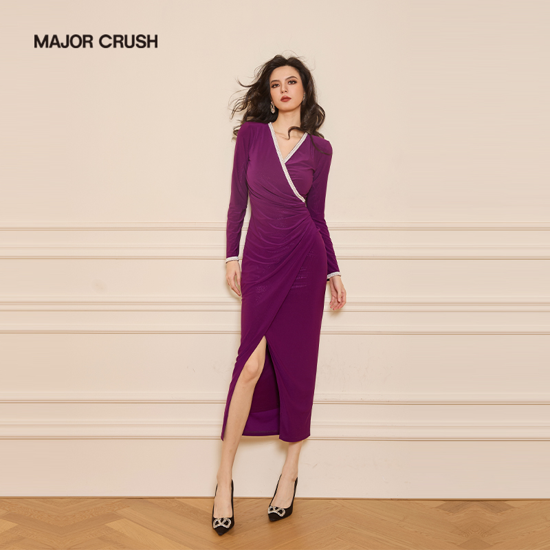 MAJOR CRUSH新款法式紫色气质优雅性感收腰修身斜裁连衣裙6273