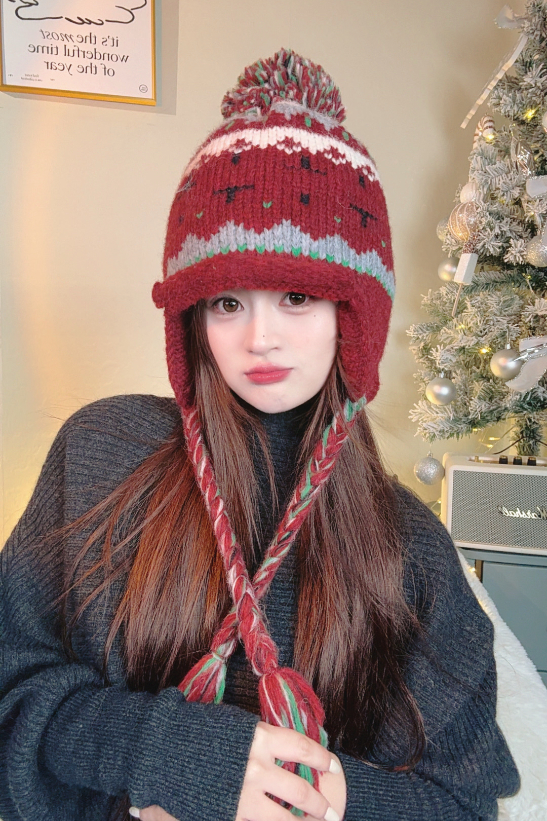 费尔岛针织帽女冬季2025新款大头围显脸小保暖护耳加绒加厚雷锋帽