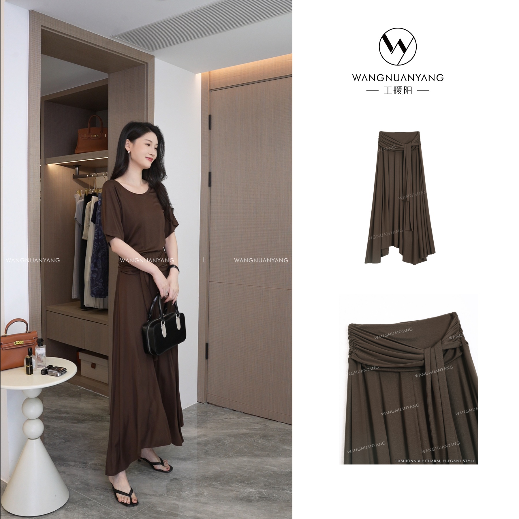 【王暖阳】慵懒针织|夏季裸感超垂莱赛尔堆褶绑带遮小腹不规则半裙