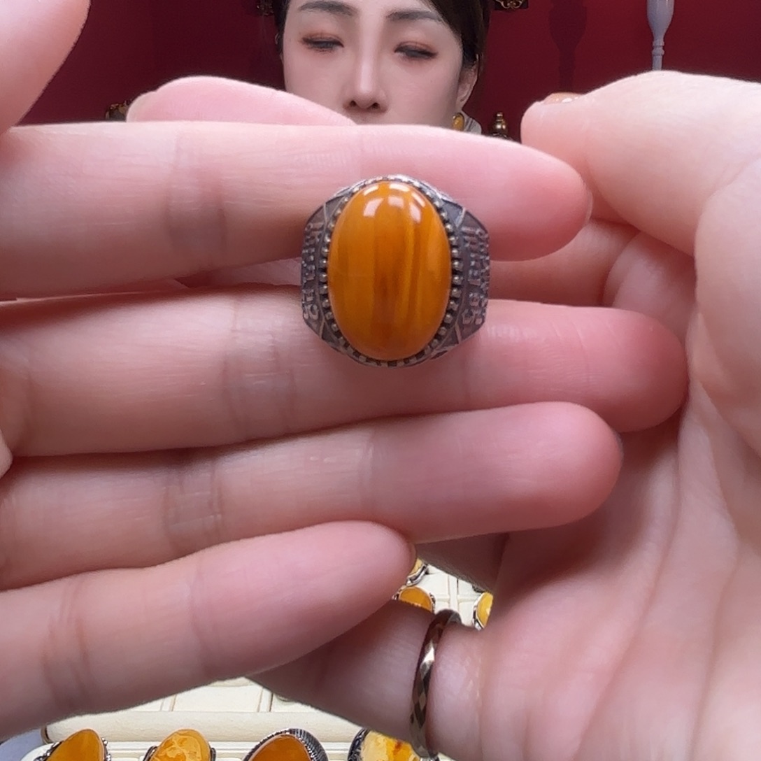 琥珀裸石银S925镶嵌10戒指