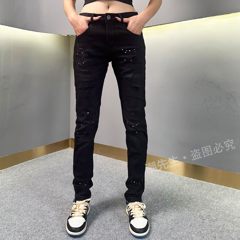秋冬新款潮牌牛仔裤男士修身时尚休闲弹力小脚裤百搭个性破洞长裤