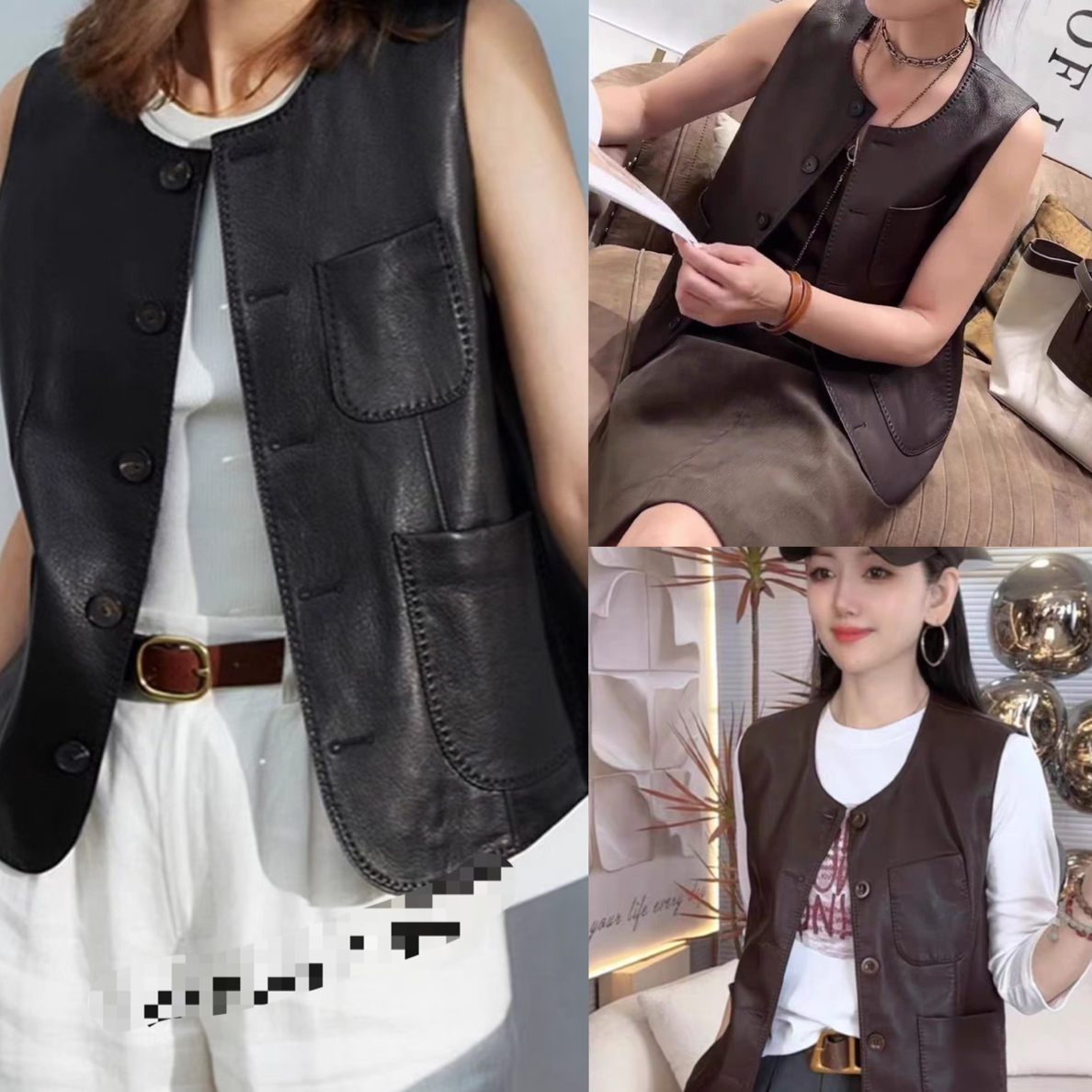宜美多家 高级感圆领斜口袋百搭绵羊皮马甲8872