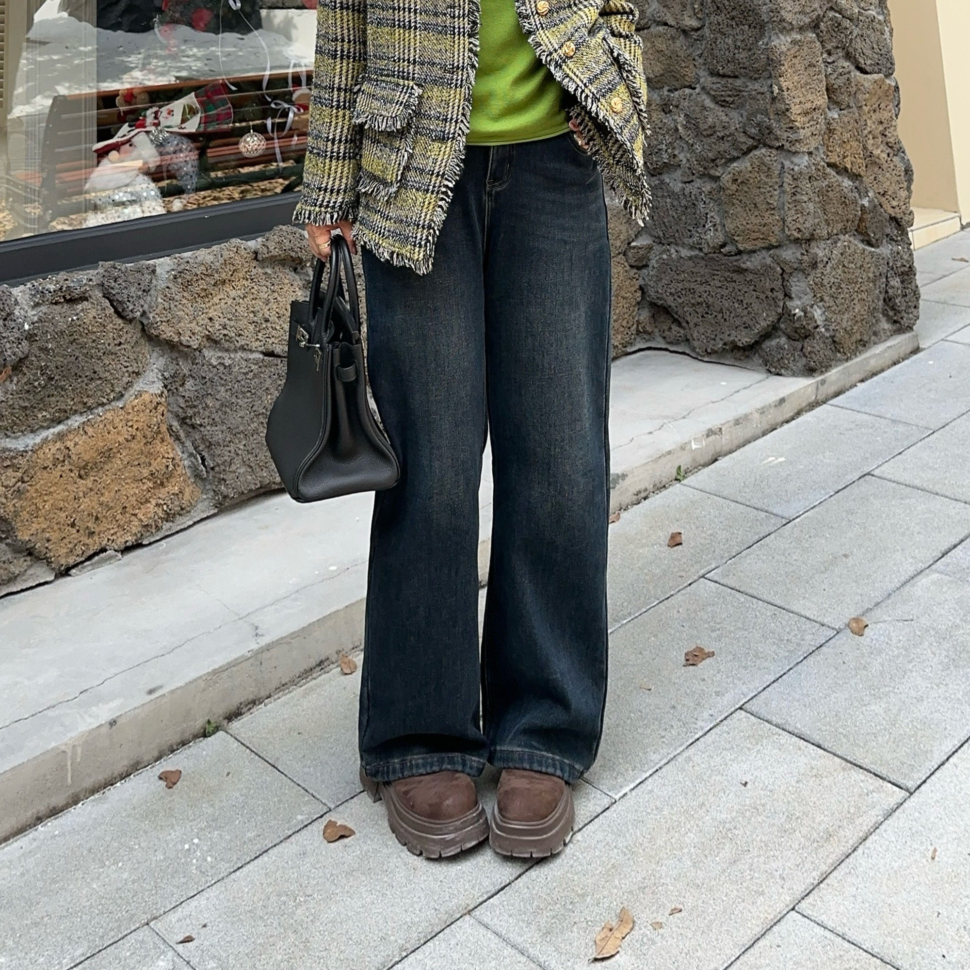 微胖女装【闪电牛仔】复合奥粒绒窄版拖地裤秋冬加厚遮胯牛仔裤8055