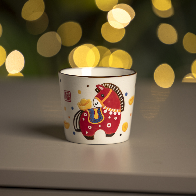 607雕刻红色小马马上有财陶瓷水杯