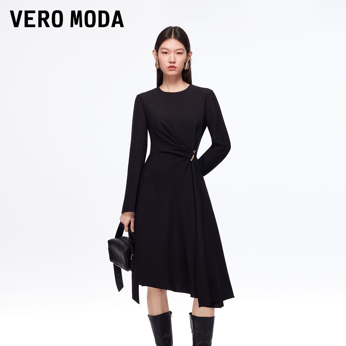 Vero Moda连衣裙2025秋冬新款收腰显瘦不规则裙摆小黑裙流光风