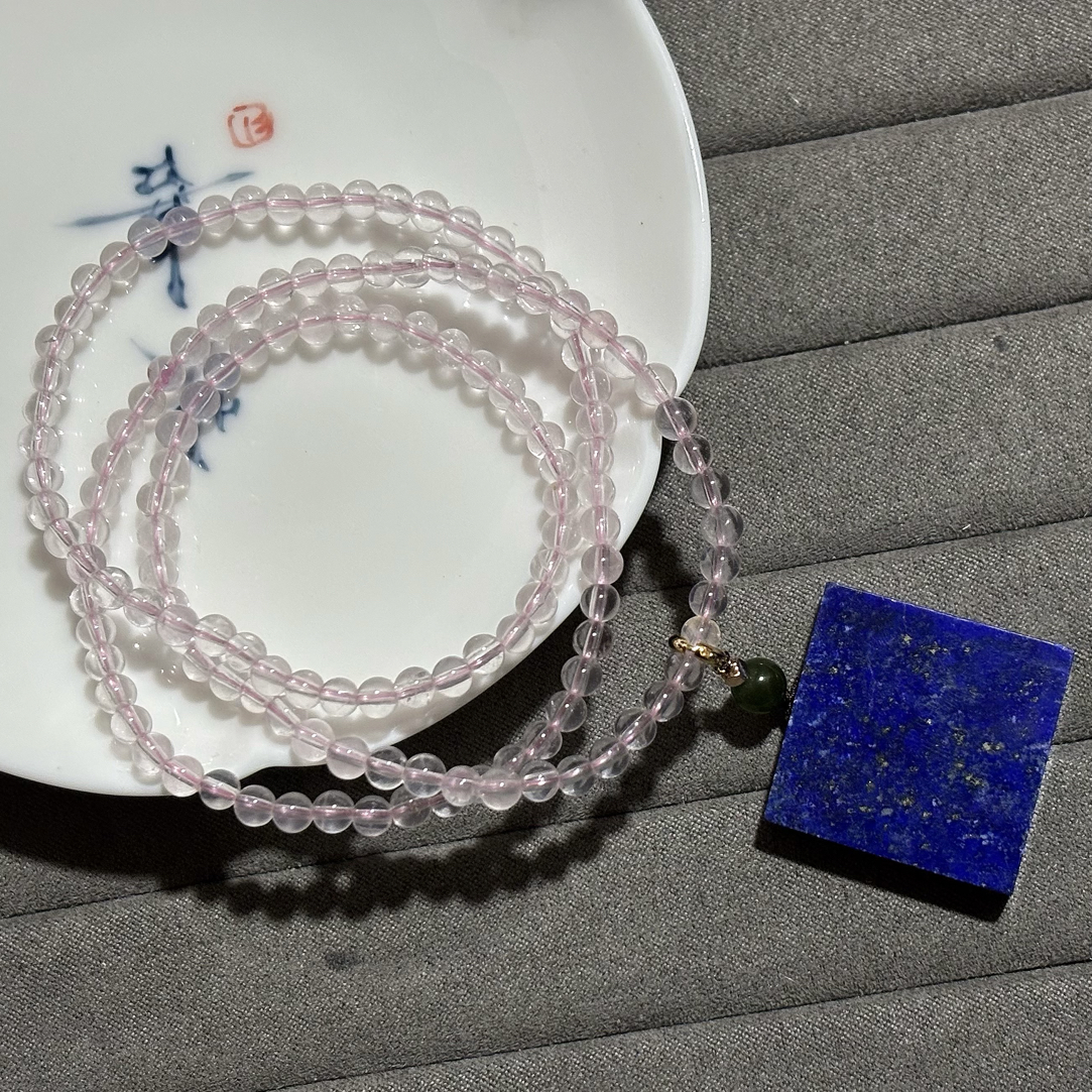 天然原矿青金石无事牌粉晶套系