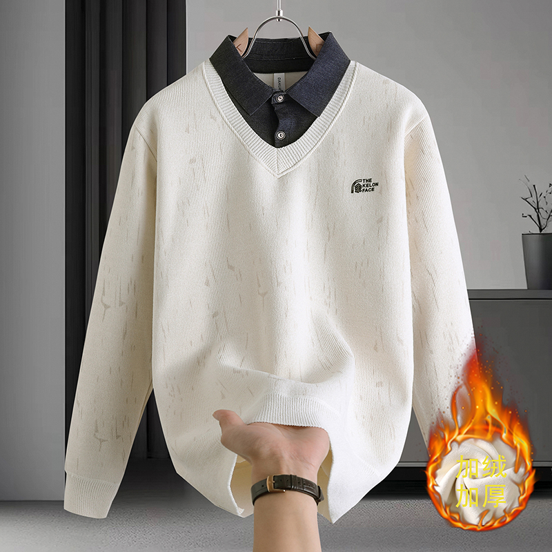 高级感毛衣男秋冬季2025新款衬衫领针织打底衫男加绒加厚保暖衣服