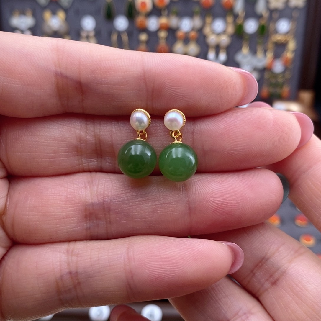 银S925镶嵌和田玉耳饰薰*草